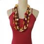 Maroon, brown and cream layered wooden beads necklace with seashell discs and stone hearts
