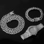 3pcs Iced Out Bling Crystal Cubanic Link Chain, Bracelet & Wrist Watch Jewelry Set